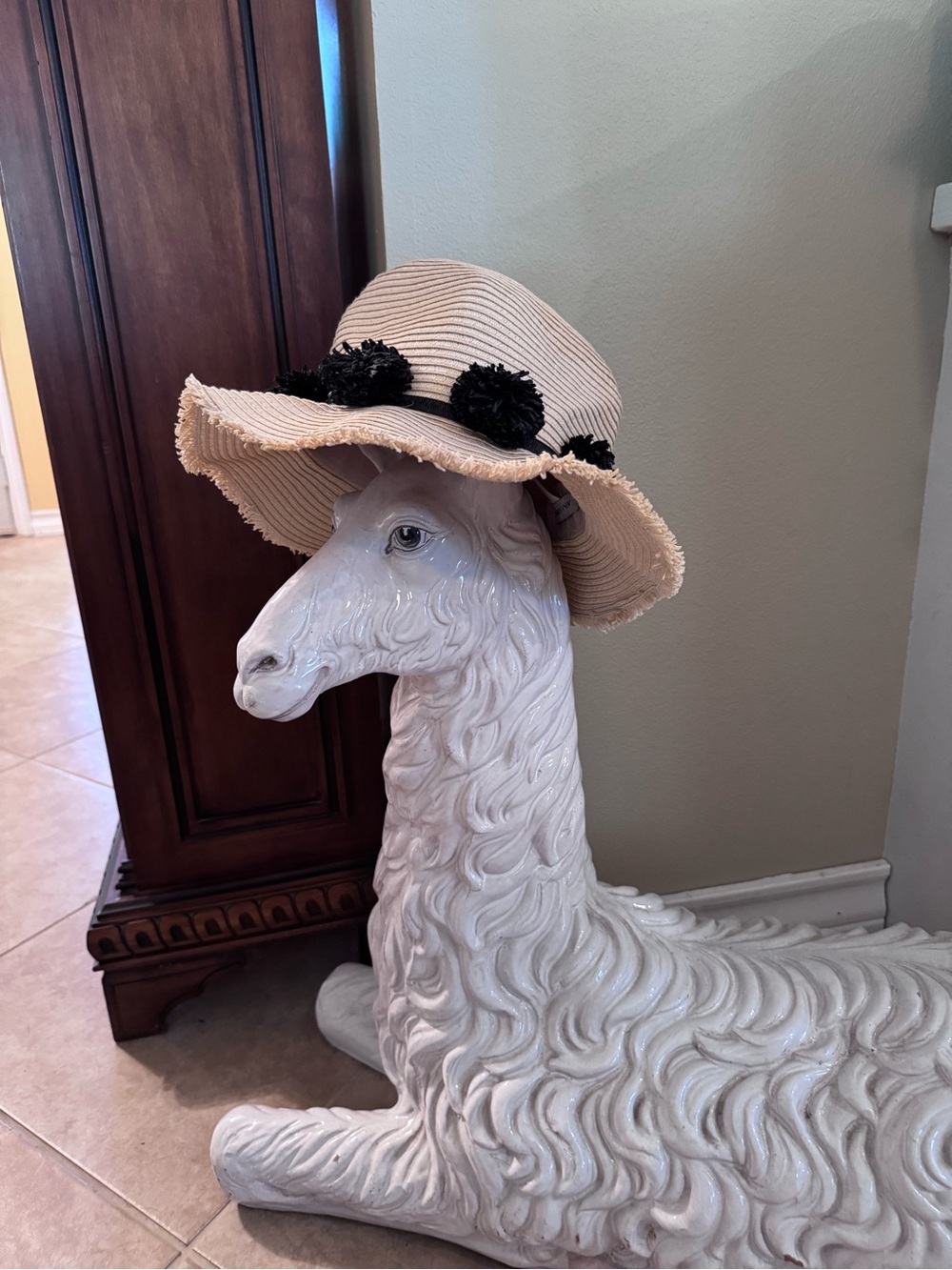 Ava & Aiden Beige Straw Sun Hat with Black Pom Accents